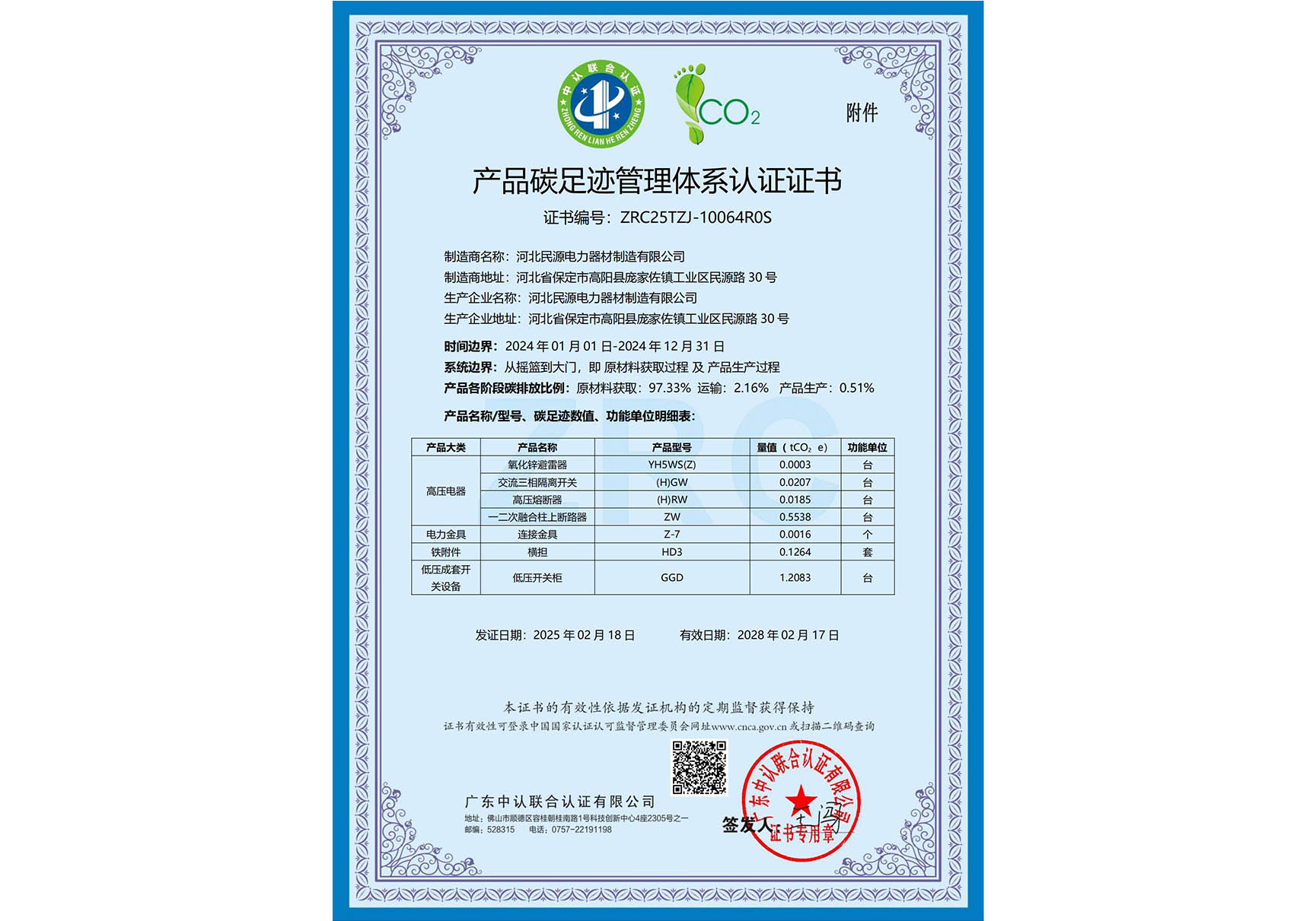 产品碳足迹管理体系认证证书